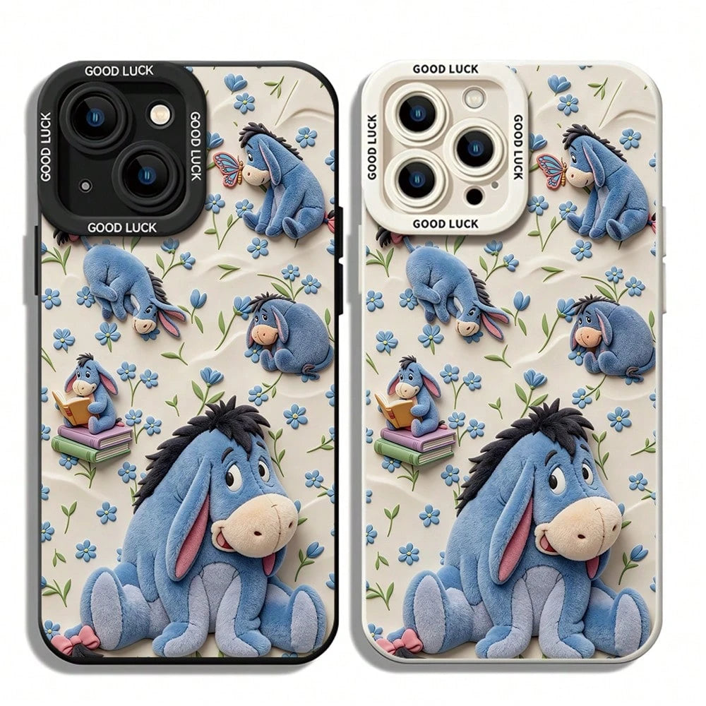 Disney Winnie The Pooh Phone Case, Cute Multi-Pose Eeyore Character Print With Blue Flower, Butterfly & Stacked Book Decor, Off-White Soft Background And "GOOD LUCK" Text On Camera Border, Shockproof