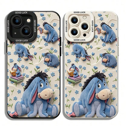 Disney Winnie The Pooh Phone Case, Cute Multi-Pose Eeyore Character Print With Blue Flower, Butterfly & Stacked Book Decor, Off-White Soft Background And "GOOD LUCK" Text On Camera Border, Shockproof