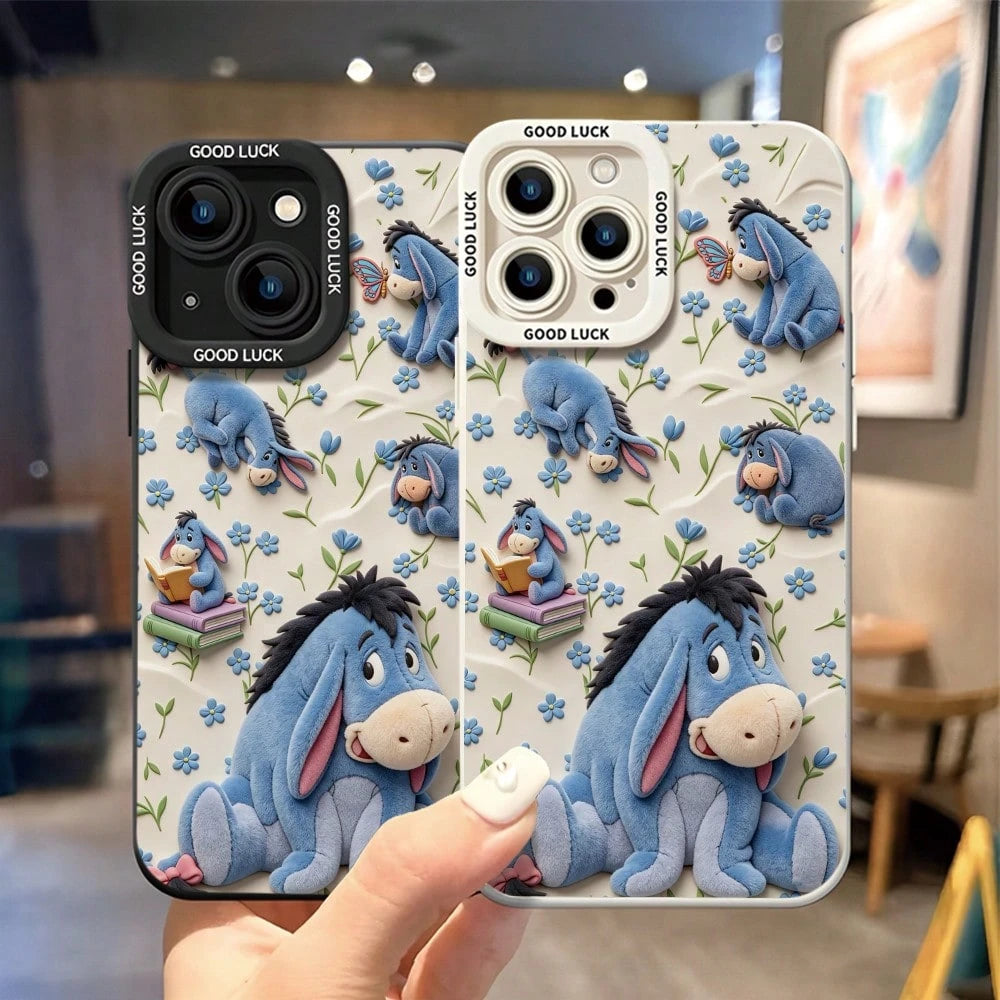 Disney Winnie The Pooh Phone Case, Cute Multi-Pose Eeyore Character Print With Blue Flower, Butterfly & Stacked Book Decor, Off-White Soft Background And "GOOD LUCK" Text On Camera Border, Shockproof