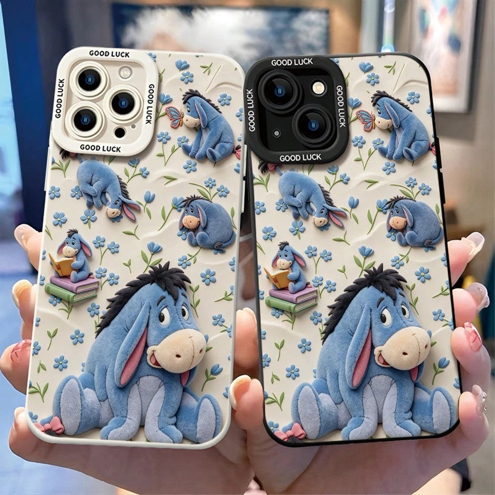 Disney Winnie The Pooh Phone Case, Cute Multi-Pose Eeyore Character Print With Blue Flower, Butterfly & Stacked Book Decor, Off-White Soft Background And "GOOD LUCK" Text On Camera Border, Shockproof