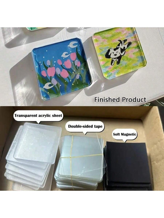 DIY Refrigerator Magnet Craft Kit- Transparent Acrylic Square Tiles, Rounded Corners, High-Definition Vibrant Patterns (Floral, Animal, Landscape), Includes Magnetic Sheets And Double-Sided Adhesive