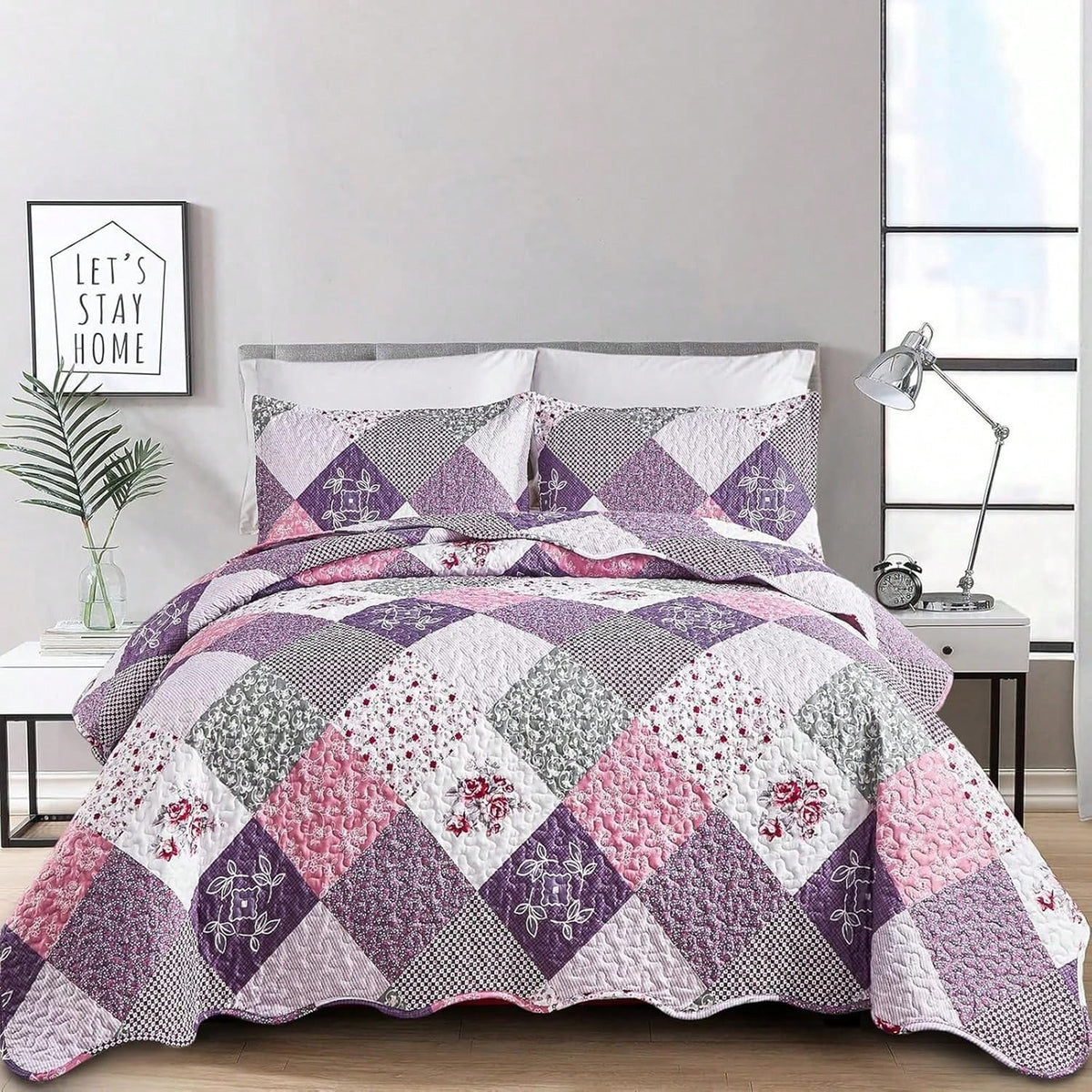 DJY 3 Pieces Floral Plaid Patchwork Quilt Set Full Queen King Size, Reversible Purple Bedding Set Soft Microfiber Lightweight Bedspread Coverlet Fall Autumn Summer Use For Wedding Items, Halloween Day