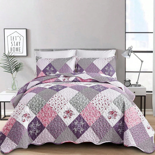DJY 3 Pieces Floral Plaid Patchwork Quilt Set Full Queen King Size, Reversible Purple Bedding Set Soft Microfiber Lightweight Bedspread Coverlet Fall Autumn Summer Use For Wedding Items, Halloween Day