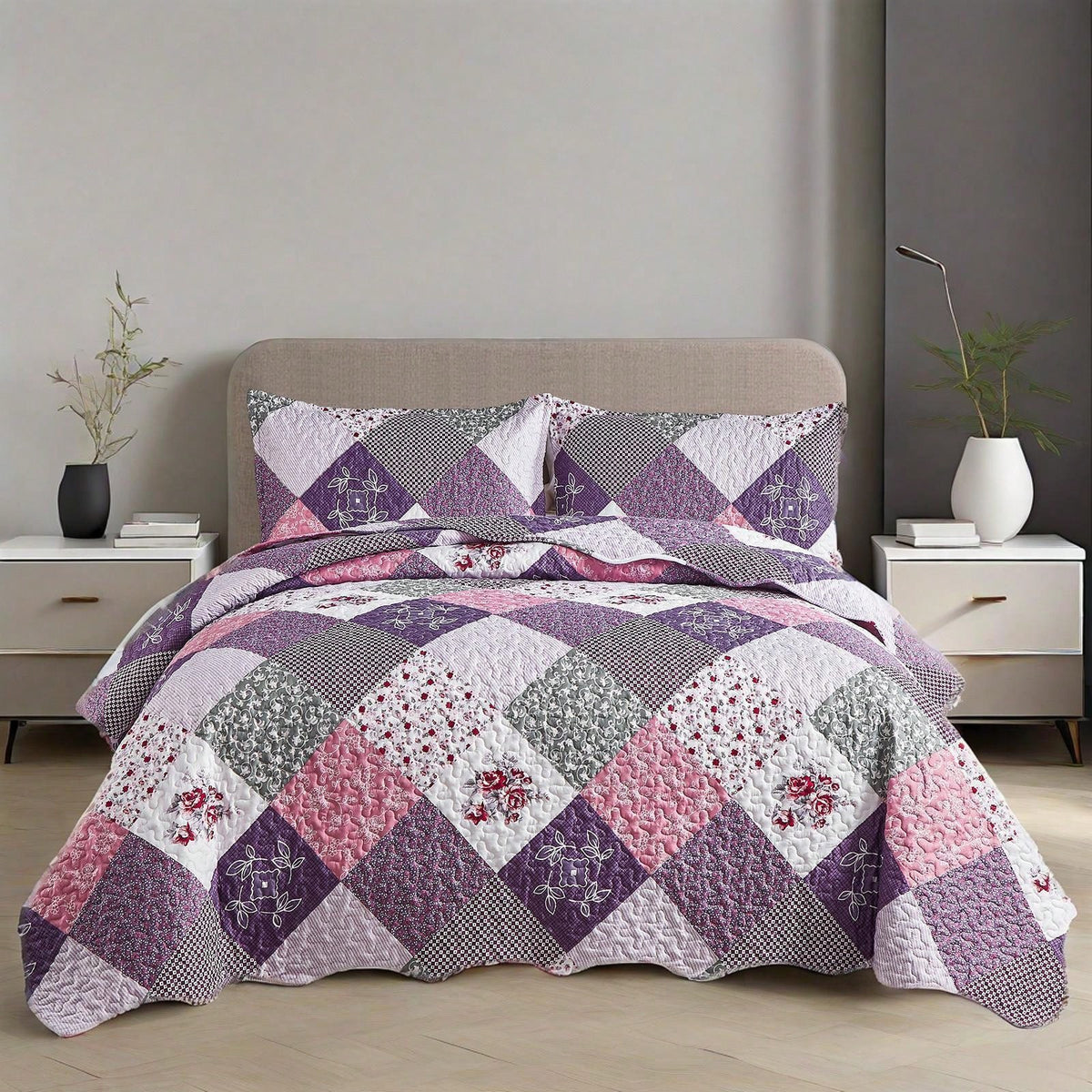 DJY 3 Pieces Floral Plaid Patchwork Quilt Set Full Queen King Size, Reversible Purple Bedding Set Soft Microfiber Lightweight Bedspread Coverlet Fall Autumn Summer Use For Wedding Items, Halloween Day