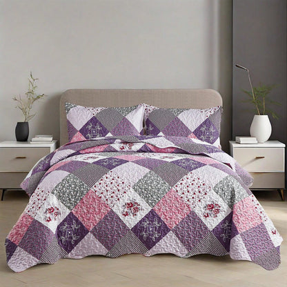 DJY 3 Pieces Floral Plaid Patchwork Quilt Set Full Queen King Size, Reversible Purple Bedding Set Soft Microfiber Lightweight Bedspread Coverlet Fall Autumn Summer Use For Wedding Items, Halloween Day