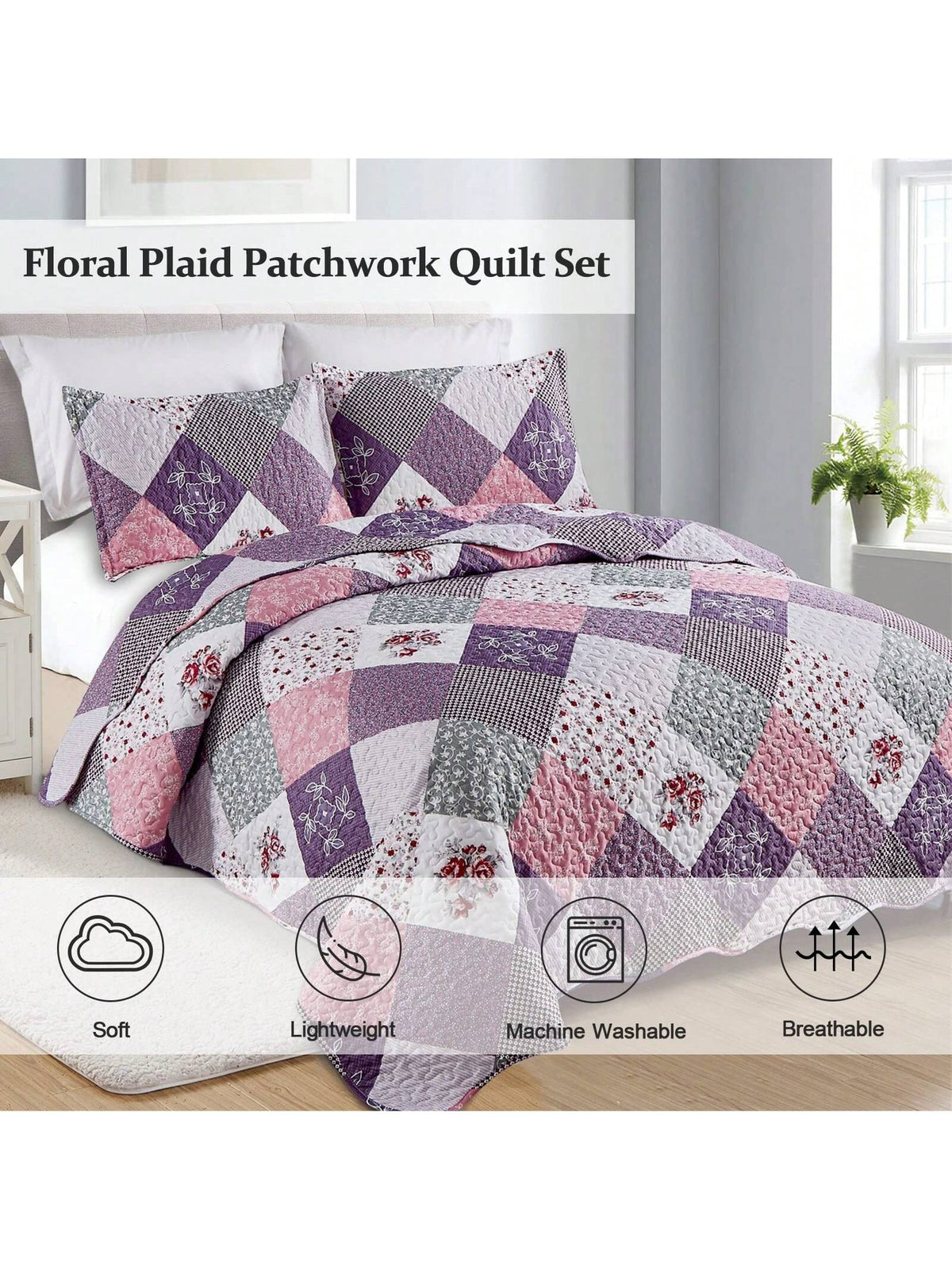 DJY 3 Pieces Floral Plaid Patchwork Quilt Set Full Queen King Size, Reversible Purple Bedding Set Soft Microfiber Lightweight Bedspread Coverlet Fall Autumn Summer Use For Wedding Items, Halloween Day