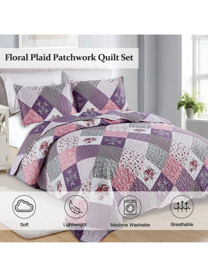 DJY 3 Pieces Floral Plaid Patchwork Quilt Set Full Queen King Size, Reversible Purple Bedding Set Soft Microfiber Lightweight Bedspread Coverlet Fall Autumn Summer Use For Wedding Items, Halloween Day
