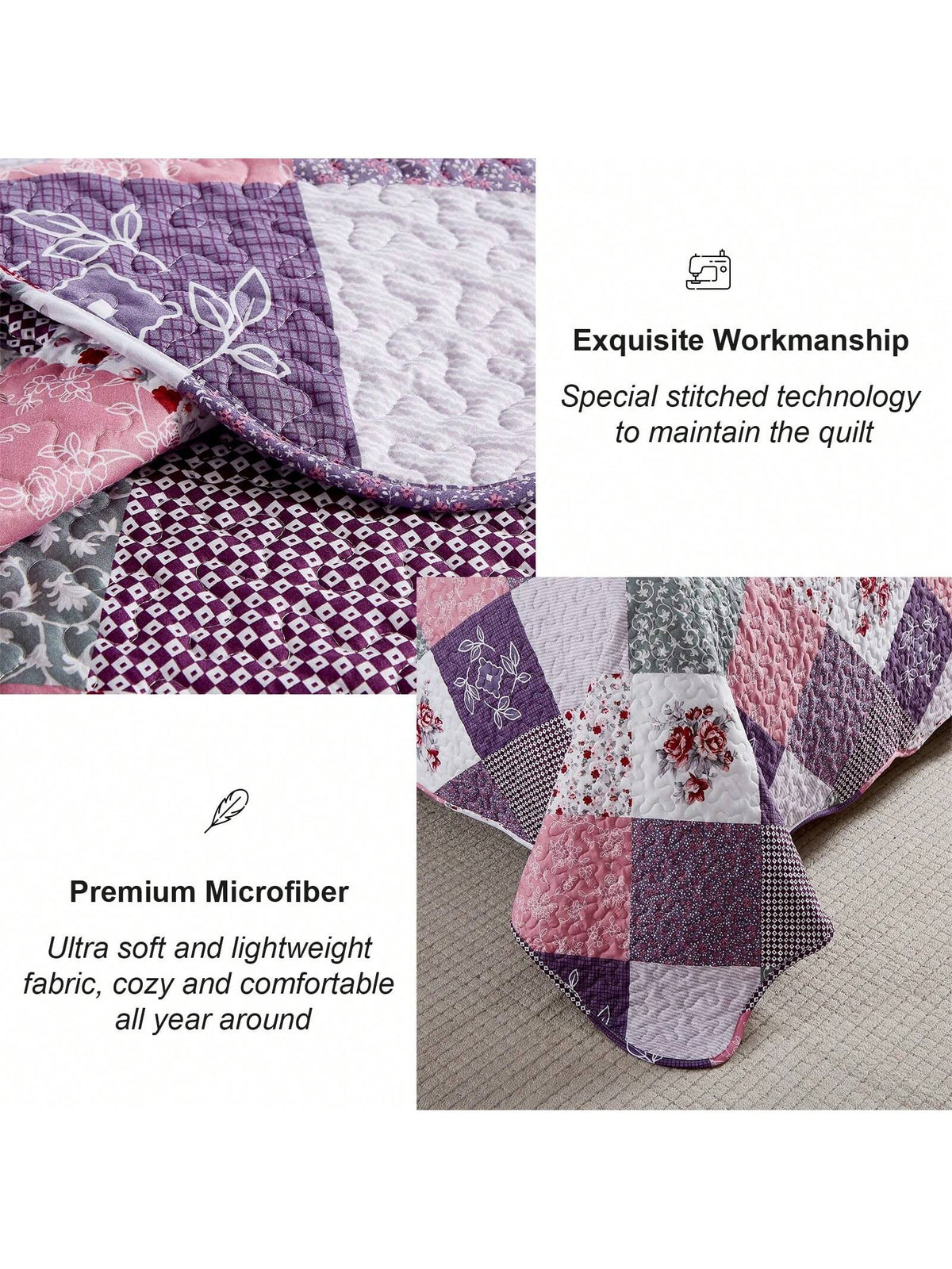 DJY 3 Pieces Floral Plaid Patchwork Quilt Set Full Queen King Size, Reversible Purple Bedding Set Soft Microfiber Lightweight Bedspread Coverlet Fall Autumn Summer Use For Wedding Items, Halloween Day