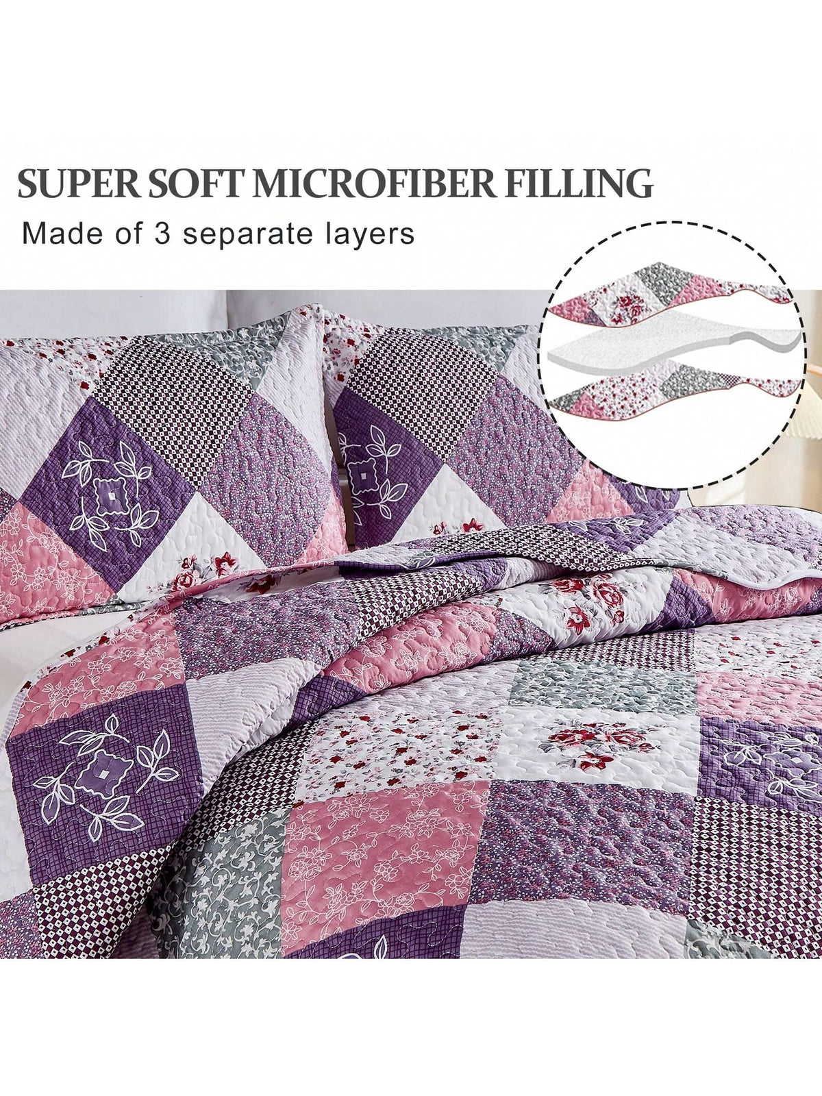 DJY 3 Pieces Floral Plaid Patchwork Quilt Set Full Queen King Size, Reversible Purple Bedding Set Soft Microfiber Lightweight Bedspread Coverlet Fall Autumn Summer Use For Wedding Items, Halloween Day