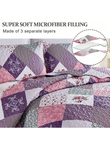 DJY 3 Pieces Floral Plaid Patchwork Quilt Set Full Queen King Size, Reversible Purple Bedding Set Soft Microfiber Lightweight Bedspread Coverlet Fall Autumn Summer Use For Wedding Items, Halloween Day