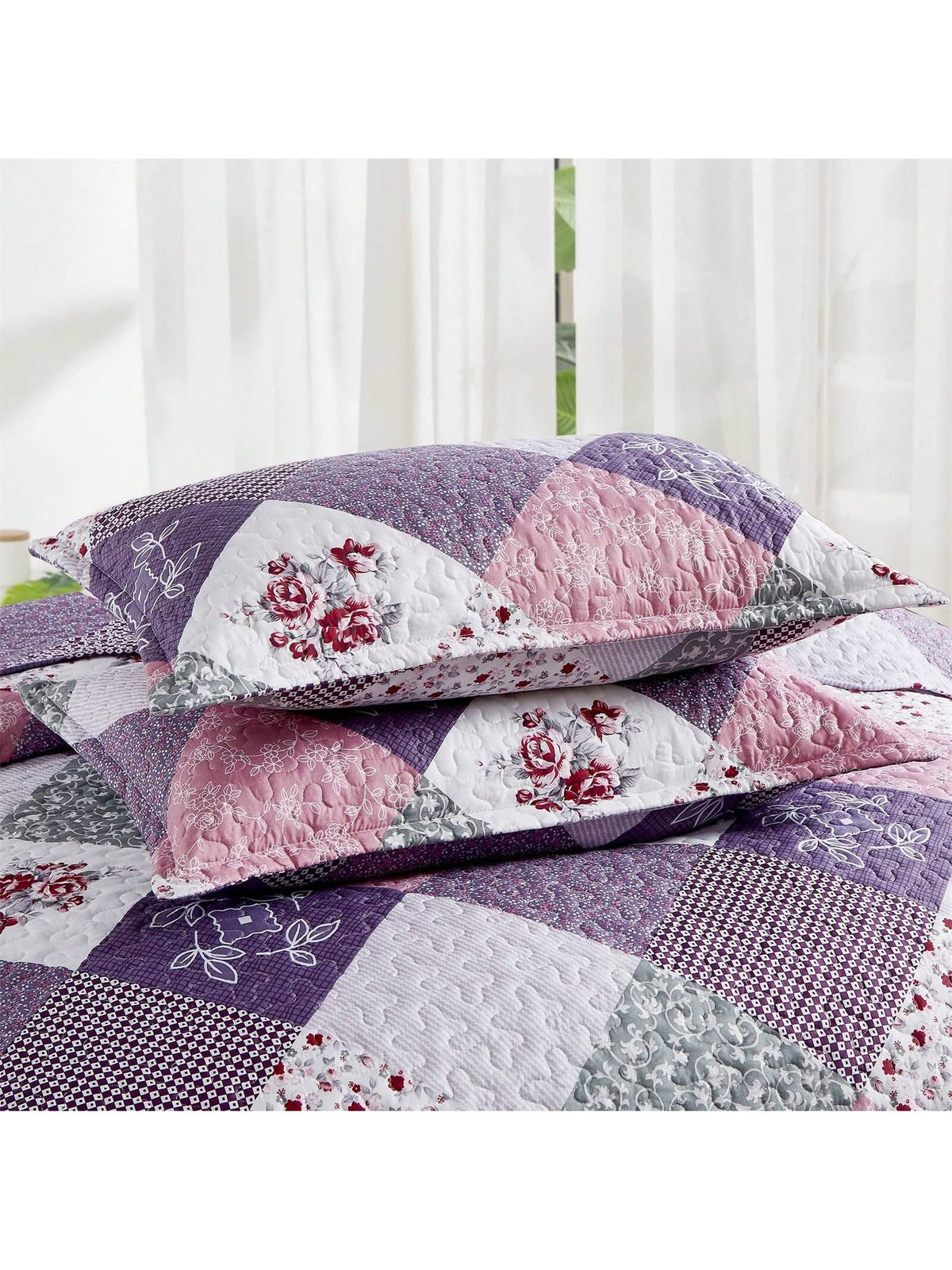 DJY 3 Pieces Floral Plaid Patchwork Quilt Set Full Queen King Size, Reversible Purple Bedding Set Soft Microfiber Lightweight Bedspread Coverlet Fall Autumn Summer Use For Wedding Items, Halloween Day