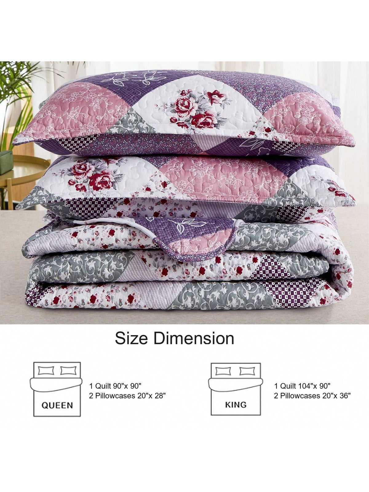 DJY 3 Pieces Floral Plaid Patchwork Quilt Set Full Queen King Size, Reversible Purple Bedding Set Soft Microfiber Lightweight Bedspread Coverlet Fall Autumn Summer Use For Wedding Items, Halloween Day