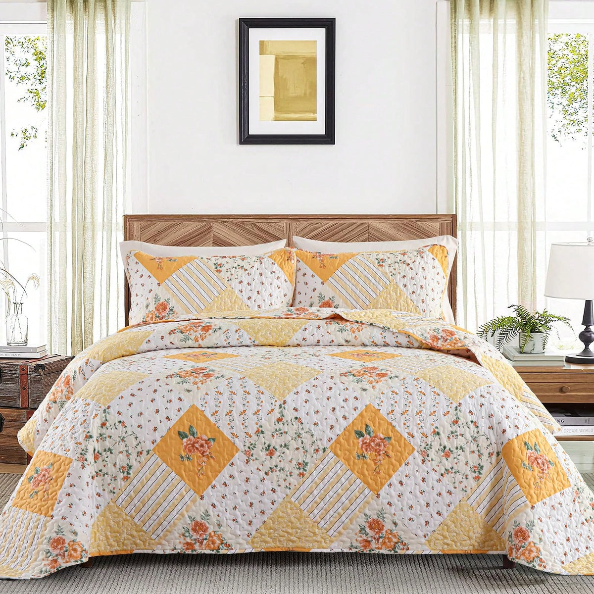DJY 3 Pieces Floral Plaid Patchwork Quilt Set Full Queen King Size, Reversible Purple Bedding Set Soft Microfiber Lightweight Bedspread Coverlet Fall Autumn Summer Use For Wedding Items, Halloween Day