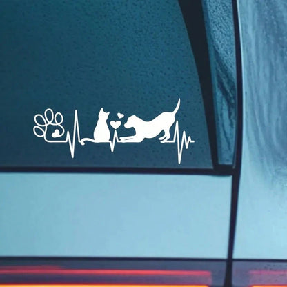 Dog And Cat Heartbeat Car Decal, Paw Print Sticker, Animal Lover's Fun Pet Sticker, Cute Dog & Cat Lovers Decal For Car