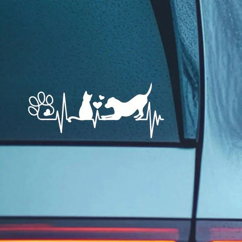 Dog And Cat Heartbeat Car Decal, Paw Print Sticker, Animal Lover's Fun Pet Sticker, Cute Dog & Cat Lovers Decal For Car