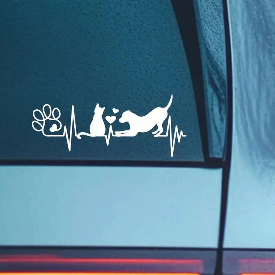 Dog And Cat Heartbeat Car Decal, Paw Print Sticker, Animal Lover's Fun Pet Sticker, Cute Dog & Cat Lovers Decal For Car
