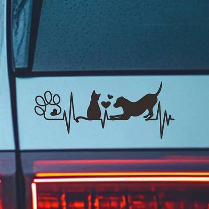 Dog And Cat Heartbeat Car Decal, Paw Print Sticker, Animal Lover's Fun Pet Sticker, Cute Dog & Cat Lovers Decal For Car