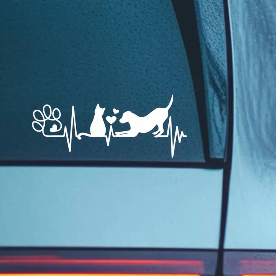 Dog And Cat Heartbeat Car Decal, Paw Print Sticker, Animal Lover's Fun Pet Sticker, Cute Dog & Cat Lovers Decal For Car