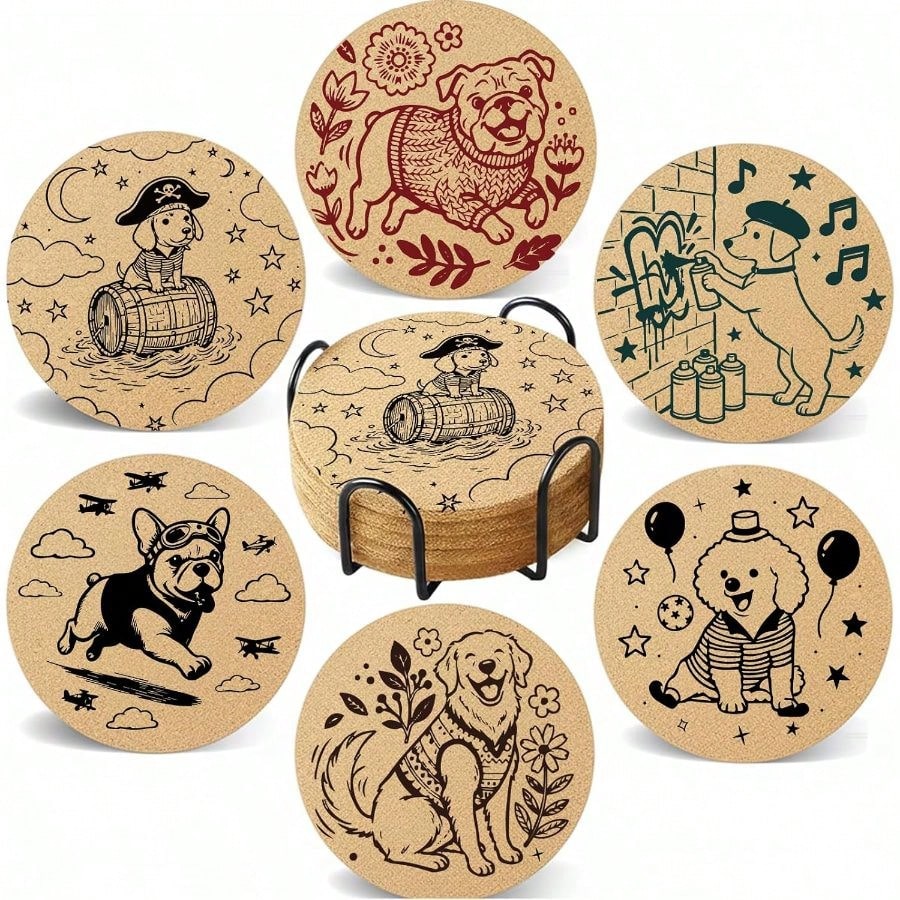Dog Cork Coasters Set With Holder- 6 Funny Breeds Line Art Coasters, Heat Resistant Non-Slip Drink Wooden Coasters Coffee Table, Cute Dog Lover Puppy Owners Gifts Home Decor
