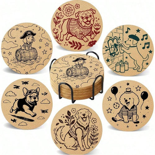 Dog Cork Coasters Set With Holder- 6 Funny Breeds Line Art Coasters, Heat Resistant Non-Slip Drink Wooden Coasters Coffee Table, Cute Dog Lover Puppy Owners Gifts Home Decor