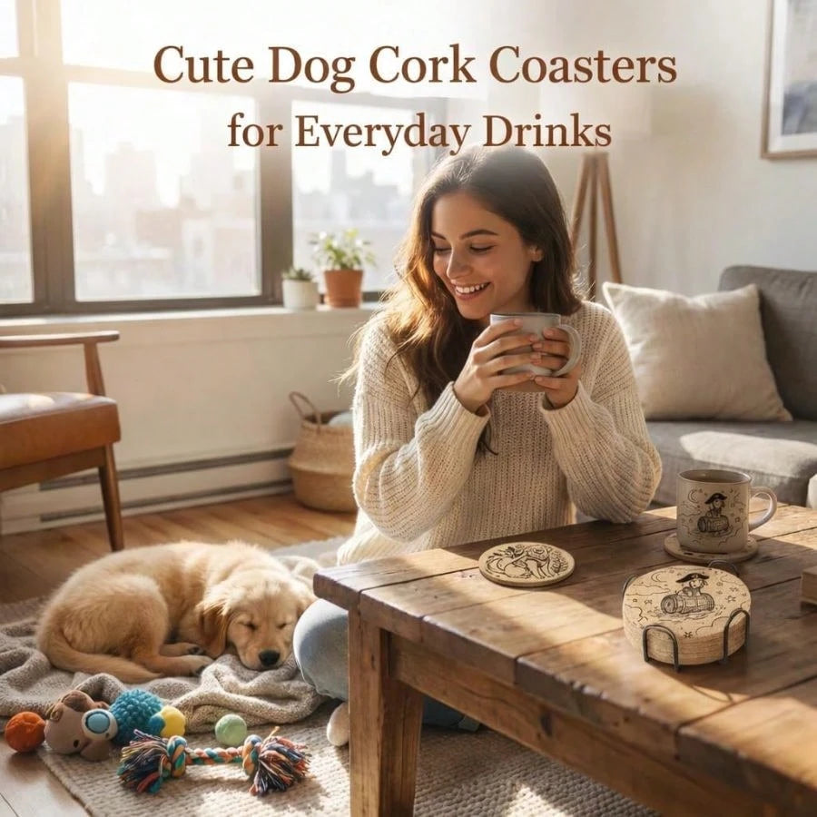 Dog Cork Coasters Set With Holder- 6 Funny Breeds Line Art Coasters, Heat Resistant Non-Slip Drink Wooden Coasters Coffee Table, Cute Dog Lover Puppy Owners Gifts Home Decor