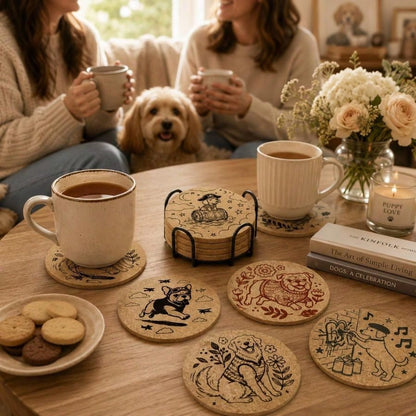 Dog Cork Coasters Set With Holder- 6 Funny Breeds Line Art Coasters, Heat Resistant Non-Slip Drink Wooden Coasters Coffee Table, Cute Dog Lover Puppy Owners Gifts Home Decor
