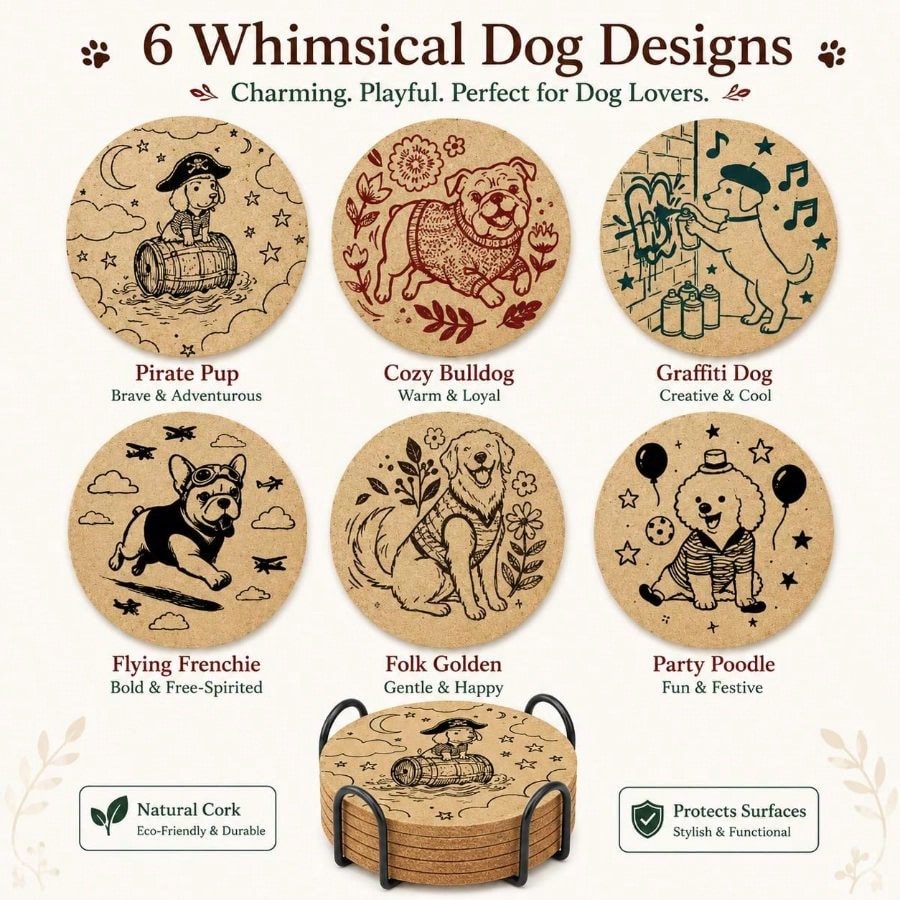 Dog Cork Coasters Set With Holder- 6 Funny Breeds Line Art Coasters, Heat Resistant Non-Slip Drink Wooden Coasters Coffee Table, Cute Dog Lover Puppy Owners Gifts Home Decor