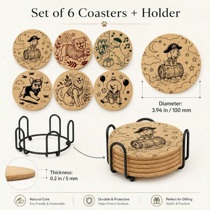 Dog Cork Coasters Set With Holder- 6 Funny Breeds Line Art Coasters, Heat Resistant Non-Slip Drink Wooden Coasters Coffee Table, Cute Dog Lover Puppy Owners Gifts Home Decor