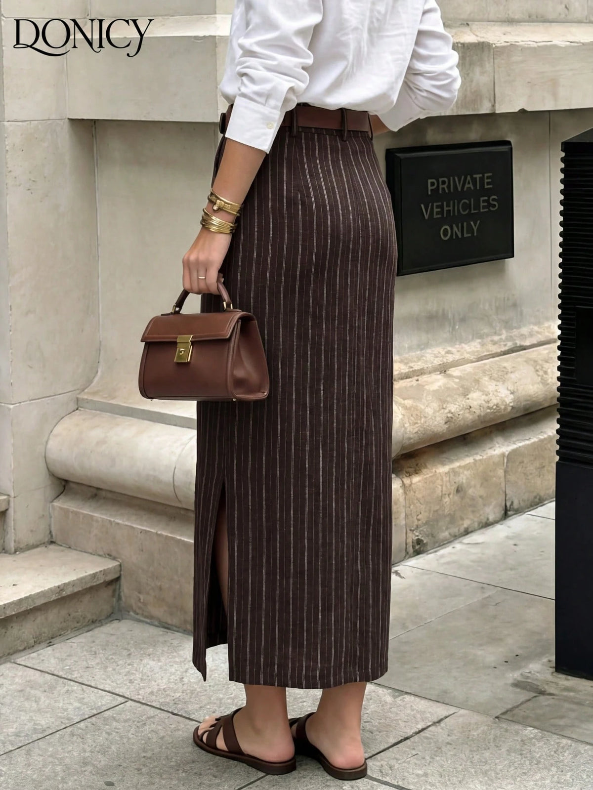 DONICY Women's Brown Linen Mid-Length Skirt With Side Slit, Elegant Texture Suitable For Spring Office Wear And Everyday