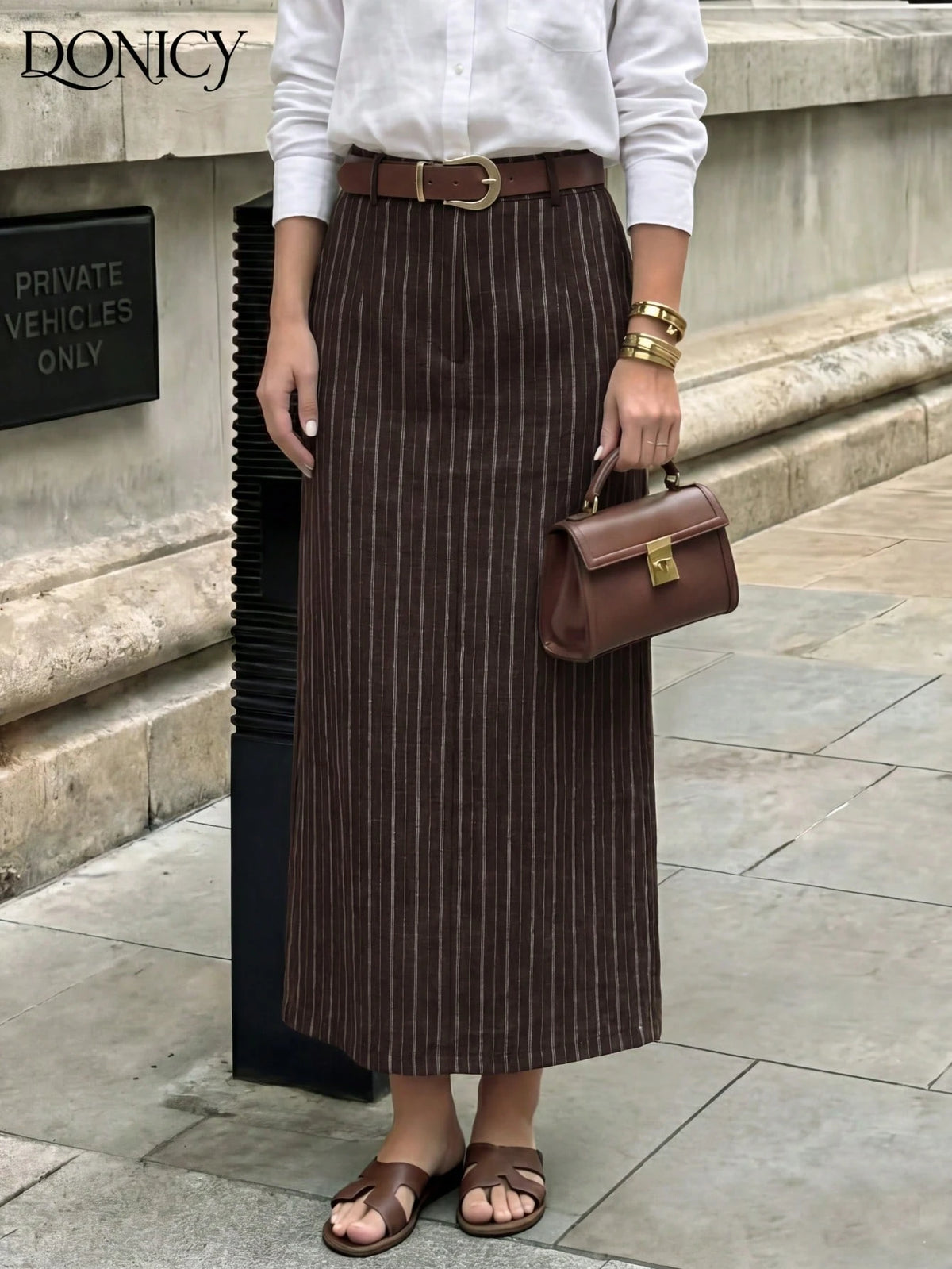 DONICY Women's Brown Linen Mid-Length Skirt With Side Slit, Elegant Texture Suitable For Spring Office Wear And Everyday