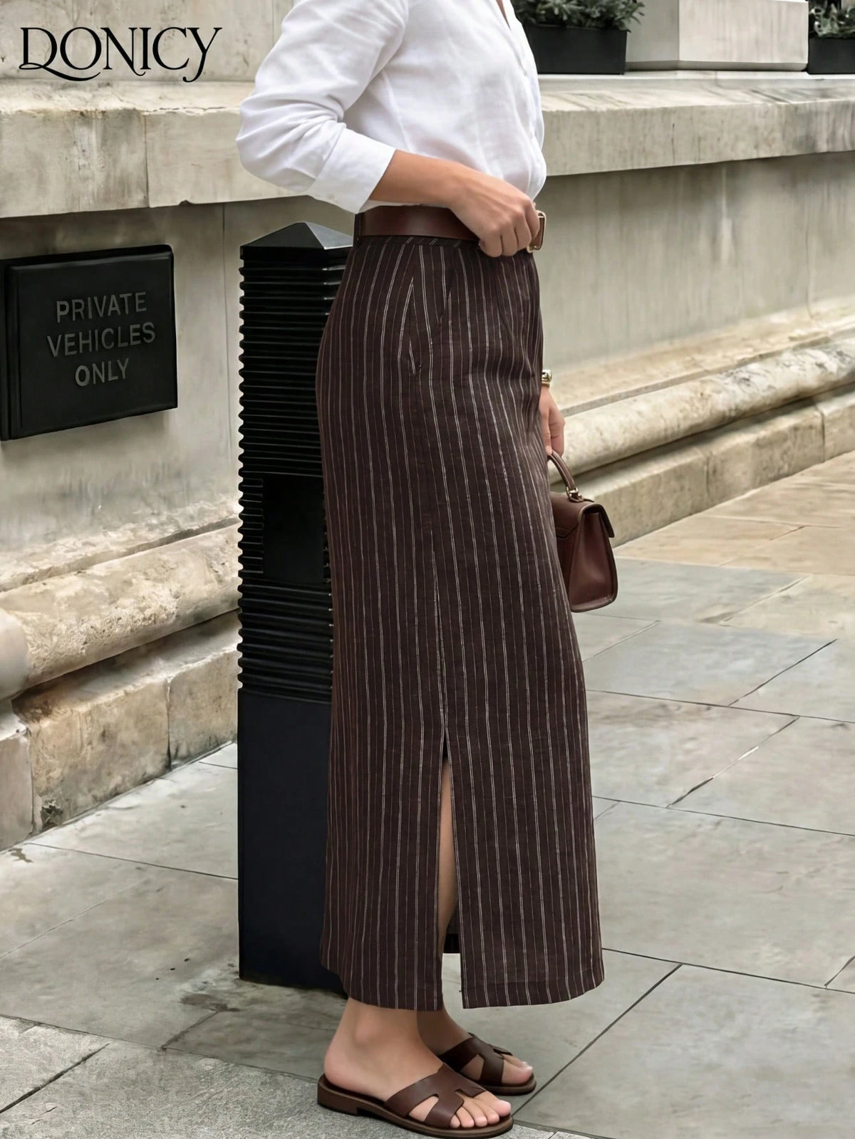 DONICY Women's Brown Linen Mid-Length Skirt With Side Slit, Elegant Texture Suitable For Spring Office Wear And Everyday