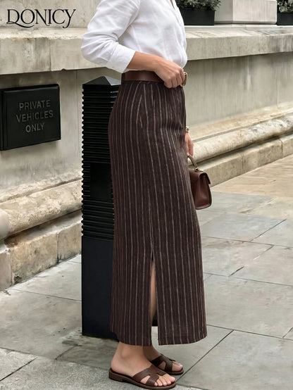 DONICY Women's Brown Linen Mid-Length Skirt With Side Slit, Elegant Texture Suitable For Spring Office Wear And Everyday