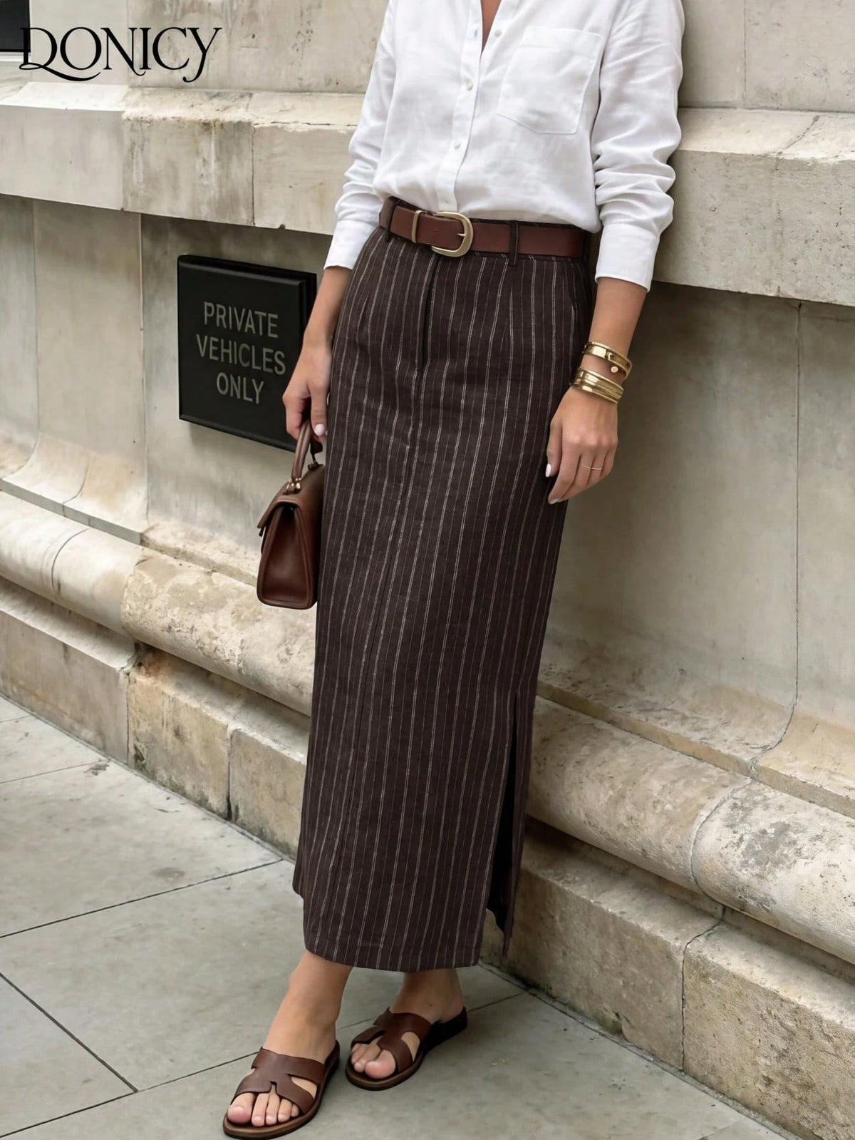 DONICY Women's Brown Linen Mid-Length Skirt With Side Slit, Elegant Texture Suitable For Spring Office Wear And Everyday