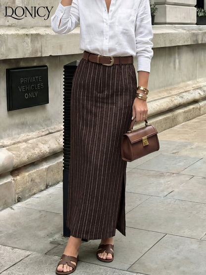 DONICY Women's Brown Linen Mid-Length Skirt With Side Slit, Elegant Texture Suitable For Spring Office Wear And Everyday