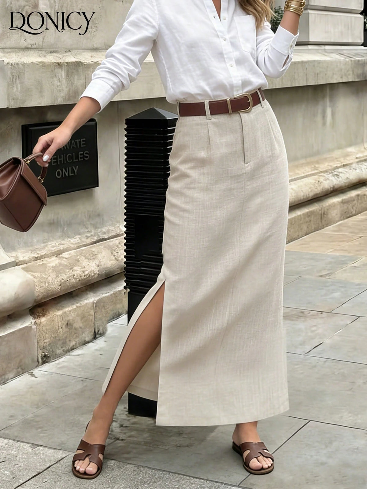 DONICY Women's Brown Linen Mid-Length Skirt With Side Slit, Elegant Texture Suitable For Spring Office Wear And Everyday