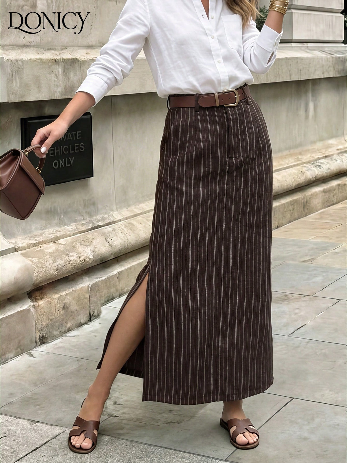 DONICY Women's Brown Linen Mid-Length Skirt With Side Slit, Elegant Texture Suitable For Spring Office Wear And Everyday