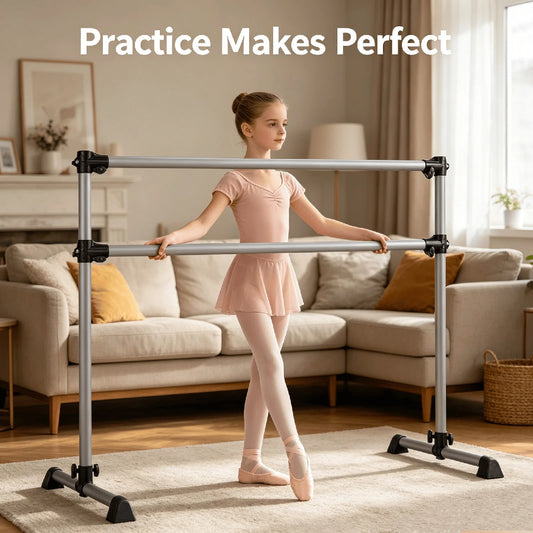 Double Ballet Barre Bar, Portable 4 FT Freestanding Dancing Bar W/ 7"-46" Adjustable Height