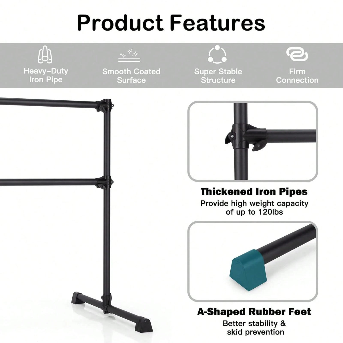 Double Ballet Barre Bar, Portable 4 FT Freestanding Dancing Bar W/ 7"-46" Adjustable Height