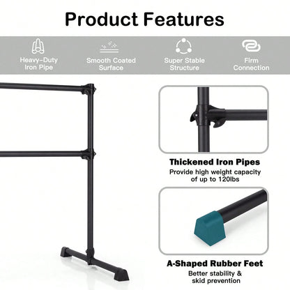 Double Ballet Barre Bar, Portable 4 FT Freestanding Dancing Bar W/ 7"-46" Adjustable Height