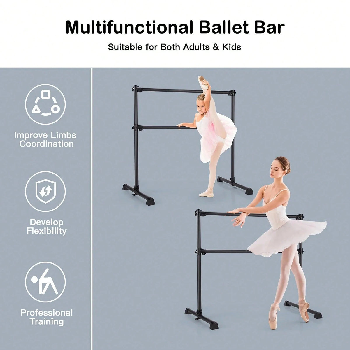 Double Ballet Barre Bar, Portable 4 FT Freestanding Dancing Bar W/ 7"-46" Adjustable Height