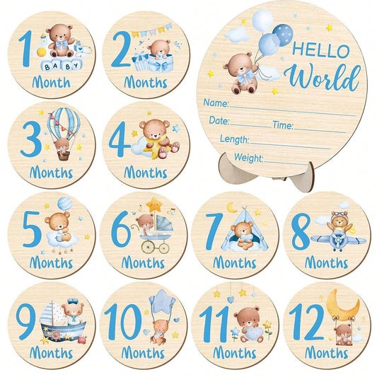 Double-Sided Baby Monthly Milestone Cards, Newborn Birth Announcement Plaque, "Hello World" Milestone Marker, Baby Shower Gift, Newborn Photo Props, Baby Growth Memento