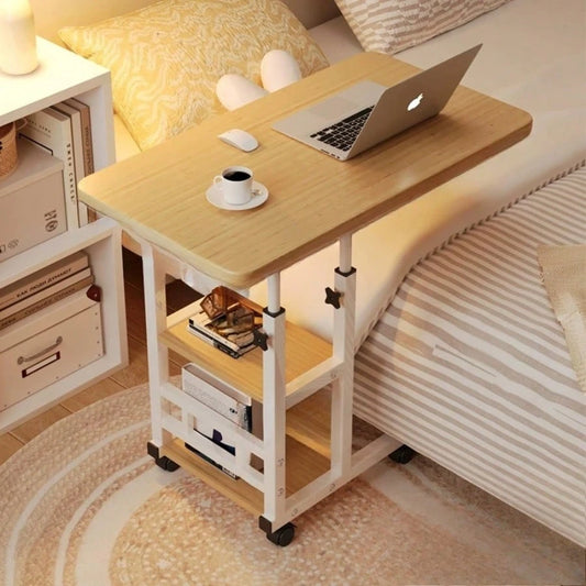 Doublelayer Metal Foldable Desk With Wheels Storage Rack Adjustable Height And Spacious Tabletop Versatile For Studying Working And Relaxing Perfect For Bedrooms Living Rooms & Offices, Bedside Table.