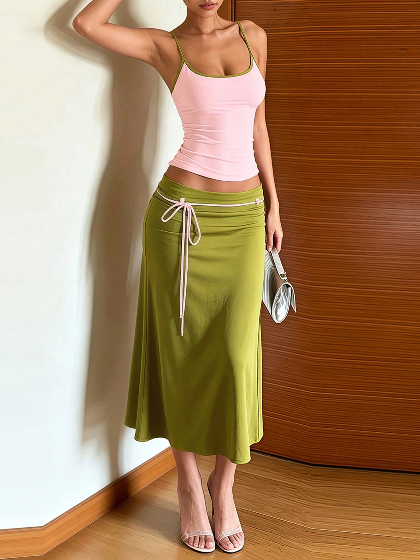 DOUCIU 2pcs Set Women's Pink Sheer Fitted Camisole + Lace Tie Mid-Length Skirt Vacation Style