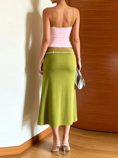 DOUCIU 2pcs Set Women's Pink Sheer Fitted Camisole + Lace Tie Mid-Length Skirt Vacation Style