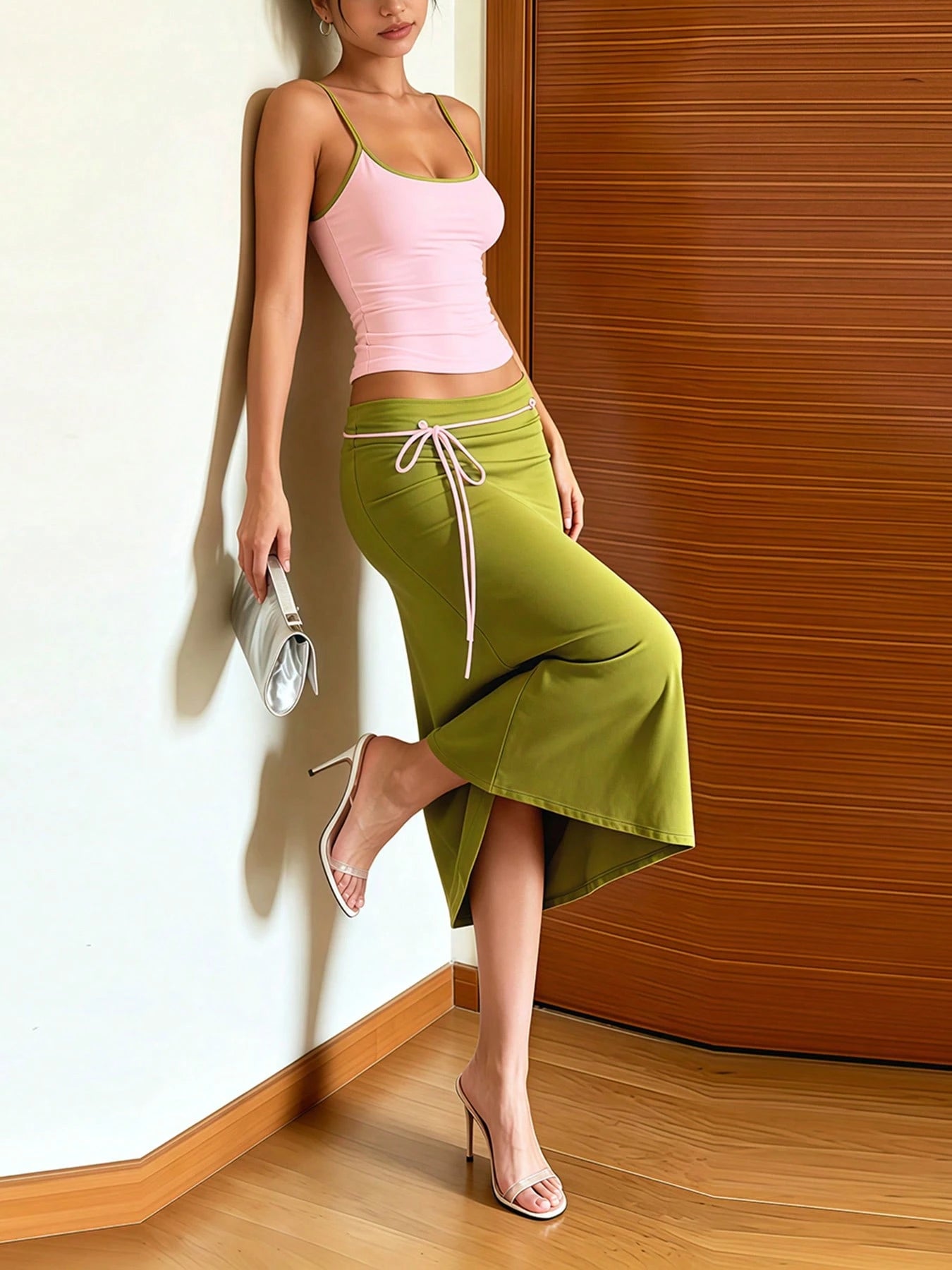 DOUCIU 2pcs Set Women's Pink Sheer Fitted Camisole + Lace Tie Mid-Length Skirt Vacation Style