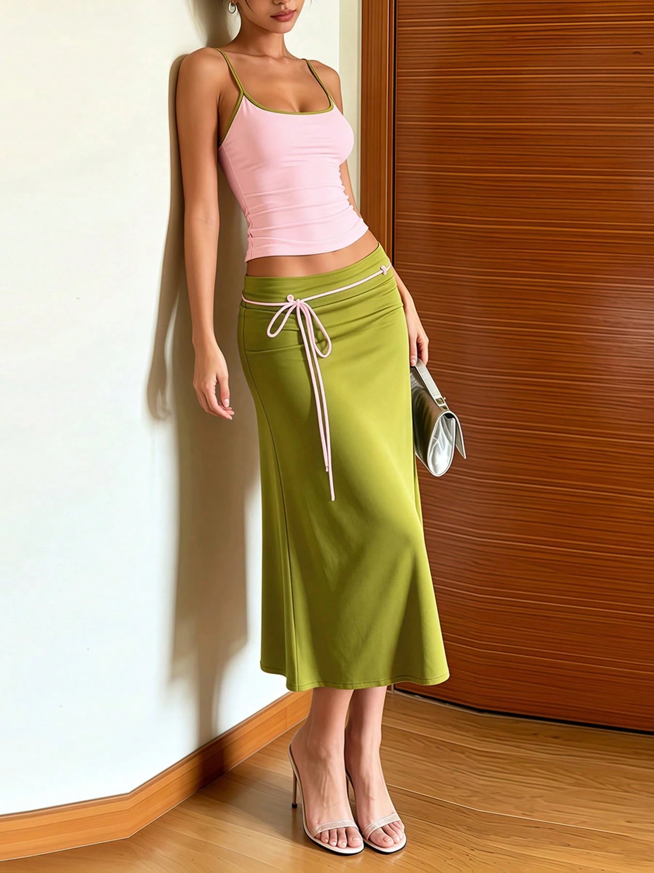 DOUCIU 2pcs Set Women's Pink Sheer Fitted Camisole + Lace Tie Mid-Length Skirt Vacation Style