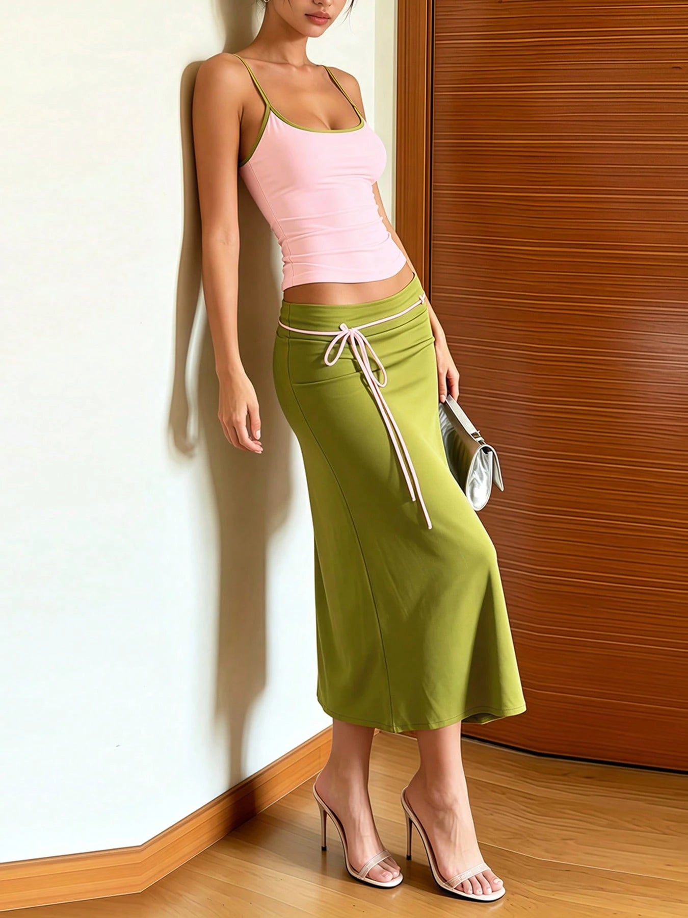 DOUCIU 2pcs Set Women's Pink Sheer Fitted Camisole + Lace Tie Mid-Length Skirt Vacation Style