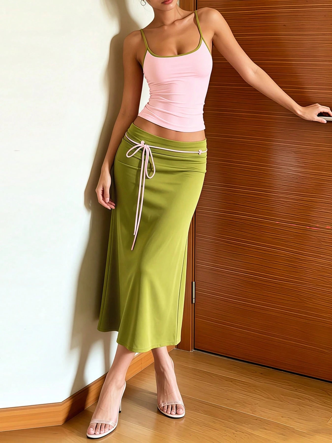DOUCIU 2pcs Set Women's Pink Sheer Fitted Camisole + Lace Tie Mid-Length Skirt Vacation Style