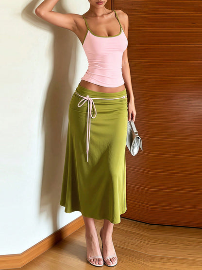 DOUCIU 2pcs Set Women's Pink Sheer Fitted Camisole + Lace Tie Mid-Length Skirt Vacation Style