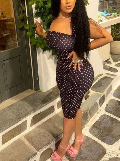 DOUCIU Polka Dot Print Halter Neck Backless Sexy Fitted 7/10 Length Pants Jumpsuit Party Nightclub Outfit